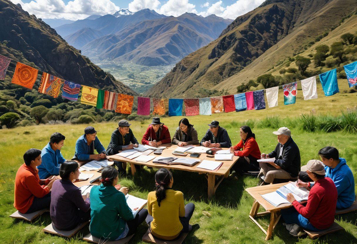 A vibrant community gathering with diverse individuals passionately writing and sharing ideas in a picturesque Andean landscape, surrounded by colorful banners of creativity and collaboration. Include lush greenery, stunning mountain views, and scattered notebooks and pens, symbolizing the art of community writing. The scene should convey warmth and engagement, showcasing expressions of joy and inspiration. super-realistic. vibrant colors. natural setting.