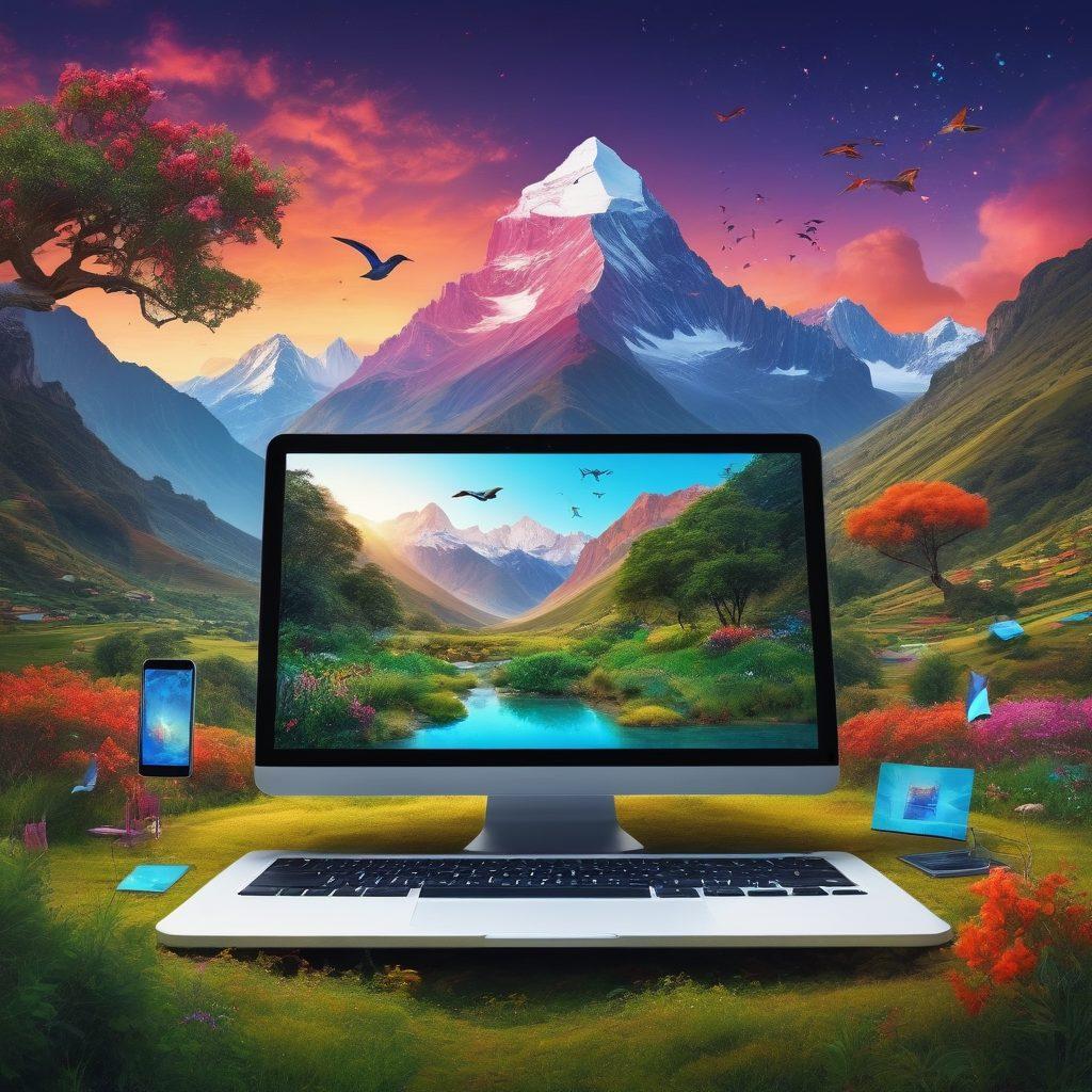 A whimsical landscape showcasing a digital journal morphing into a vibrant blogosphere, where colorful pages transition into social media icons. The backdrop features the majestic Cajalo Andes mountains, surrounded by lush greenery and fluttering birds symbolizing creativity. Include elements like floating text, stylized computer screens, and an artistic representation of content flow, intertwining nature with technology. vibrant colors. surrealism.