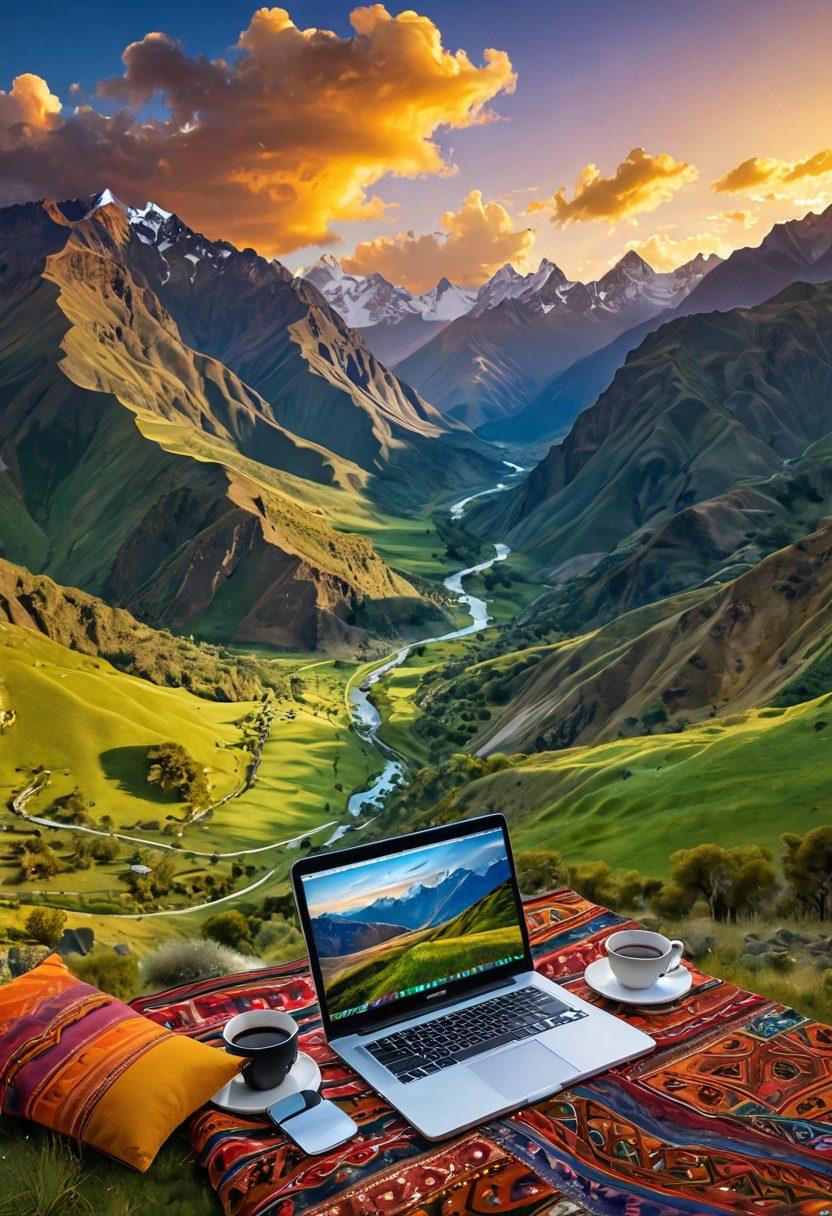 A serene view of the Cajalo Andes Mountains with vibrant green valleys, where diverse individuals are connected by a golden pathway symbolizing the journey of self-expression through blogging. Include traditional textiles and laptops scattered around, representing the fusion of culture and technology. The sky should be a warm sunset palette to evoke creativity and inspiration. super-realistic. vibrant colors. 3D.
